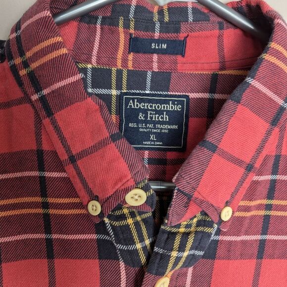 Men’s Abercrombie & Fitch Plaid Shirt Slim Fit Red Black Yellow XL - Picture 2 of 7